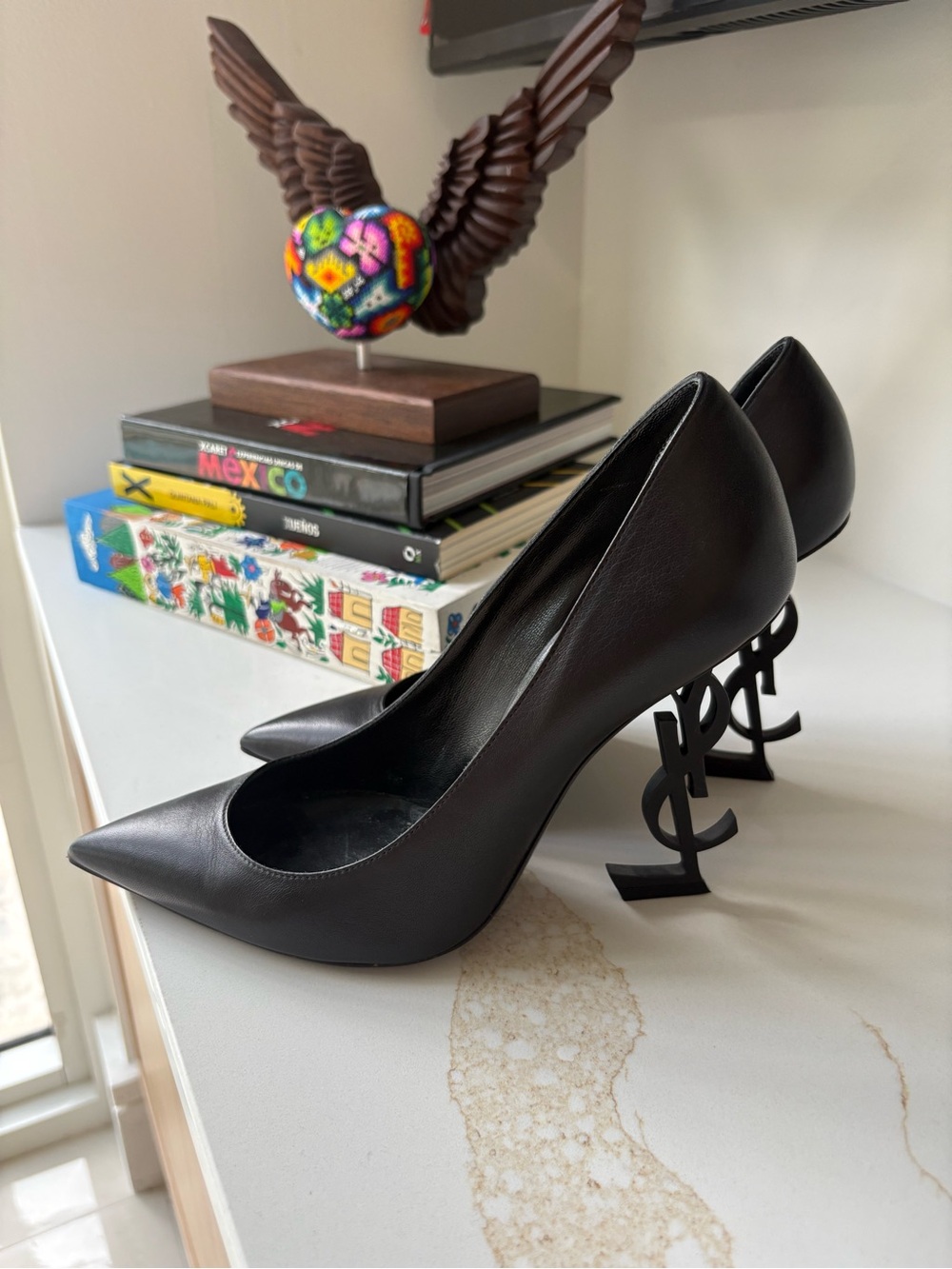 Saint Laurent Black Leather Sculptural Logo-Heel Pumps